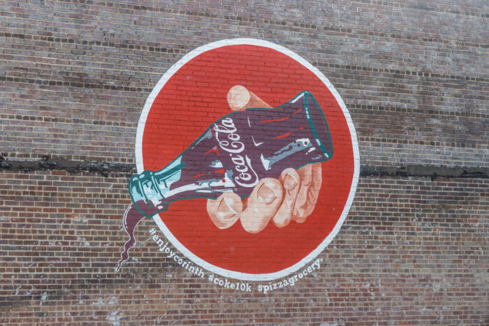 Murals in Corinth Mississippi - Coca Cola Bottle Mural next to Pizza Grocery