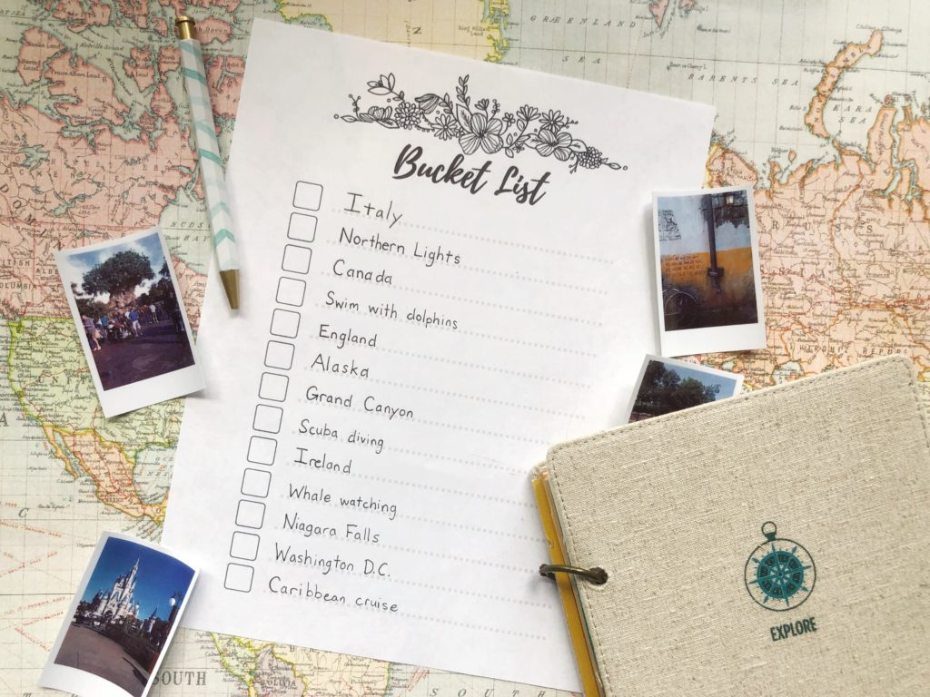 Bucket list with pen and travel journal on map