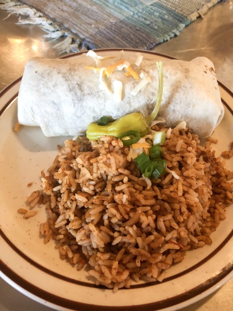 Tacorito and rice at Twin Butte Country General Store and Mexican Restaurant in Alberta Canada