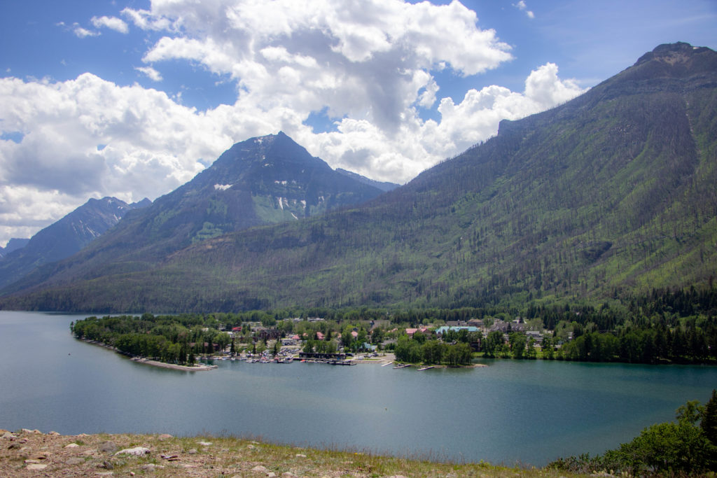 The town of Waterton beside the mountains and lake in Alberta, Canada