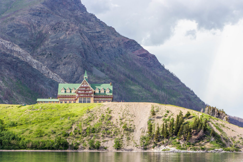 Prince of Wales Hotel seen from Waterton Lake in Alberta Canada