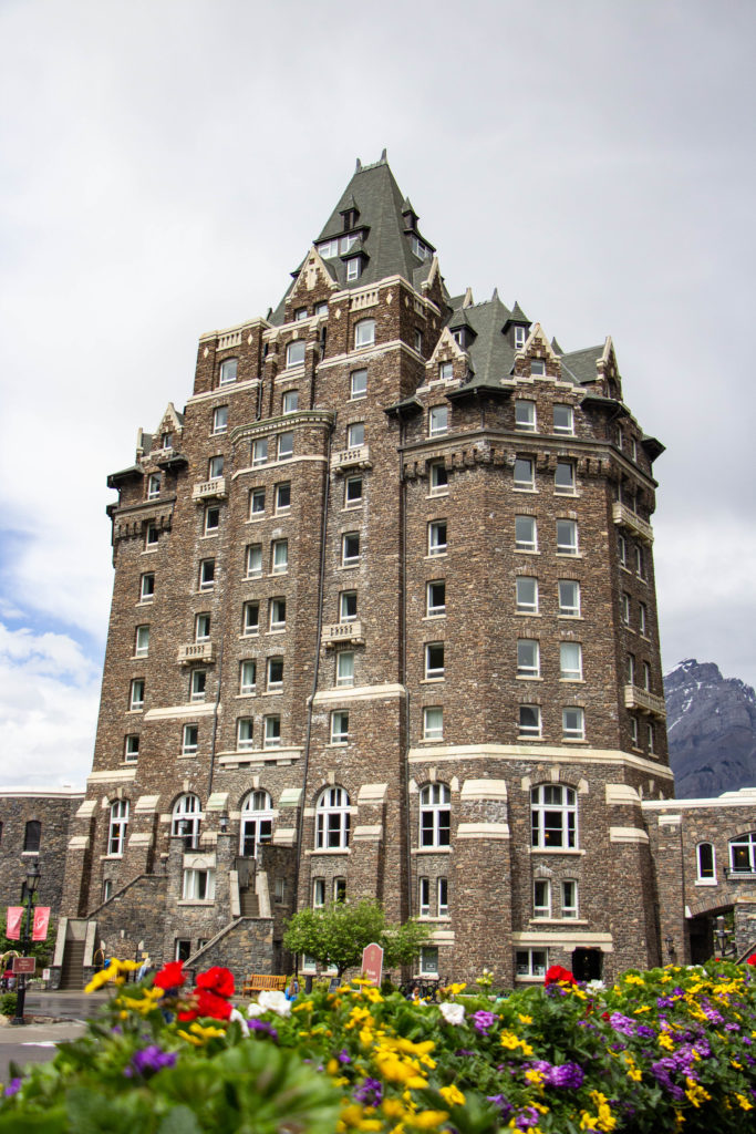 Fairmont Banff Springs tower of hotel with flowers