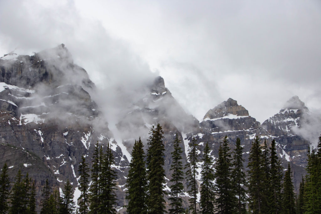 Moraine Lake mountains and pine trees covered by clouds