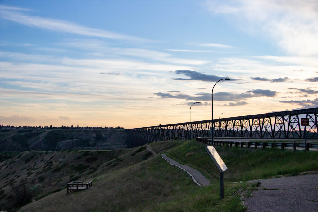 High Level Bridge at sunset with coulees and blue sky in lethbridge alberta canada