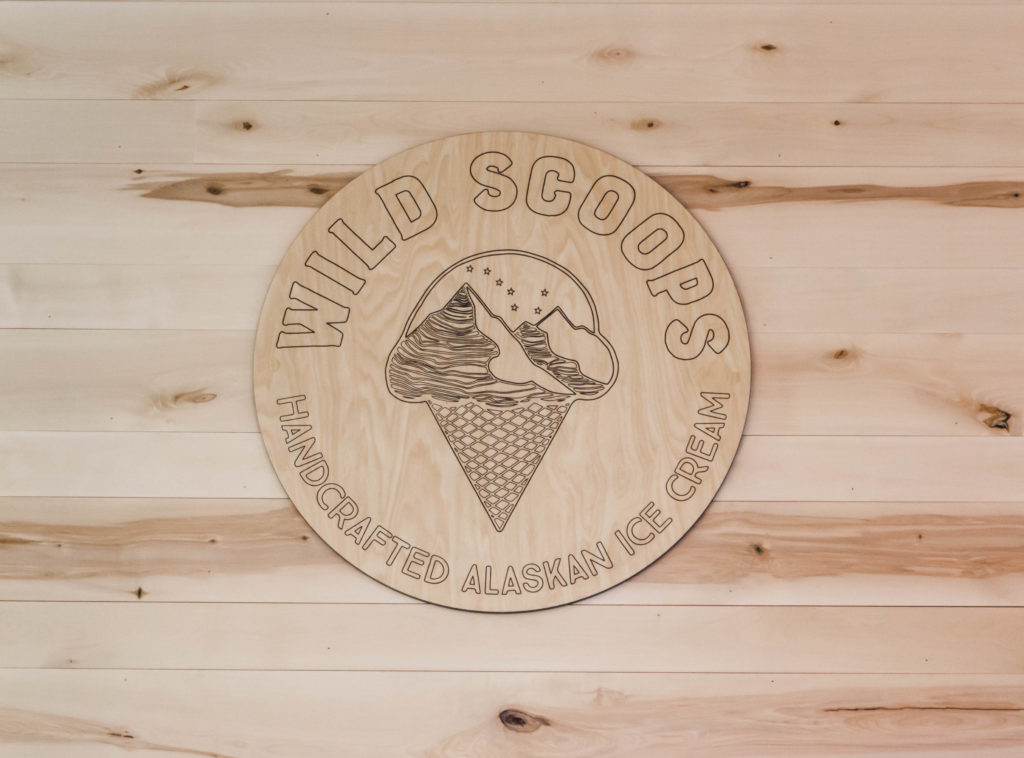 Wood sign wild scoops handcrafted alaskan ice cream in anchorage alaska