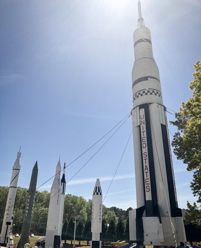 life size models of rockets in sunlight at huntsville US space and rocket center