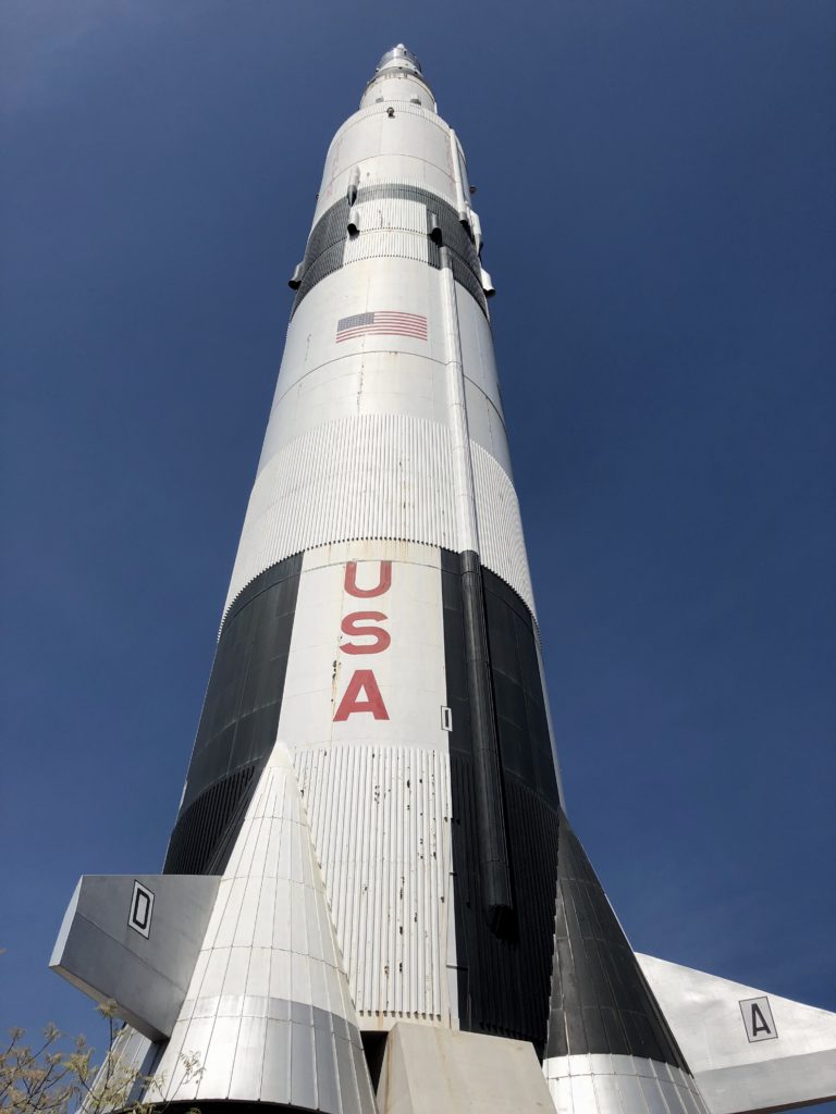 saturn 5 rocket model under blue sky at Us space and rocket center in Huntsville, alabama