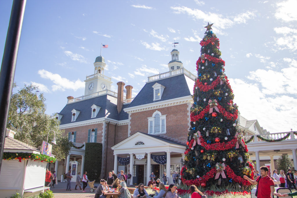 American adventure building in Epcot usa with Christmas tree in Disney Worldq