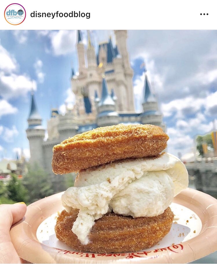 churro ice cream sandwich in front of cinderella castle at walt disney world orlando florida by disney food blog
