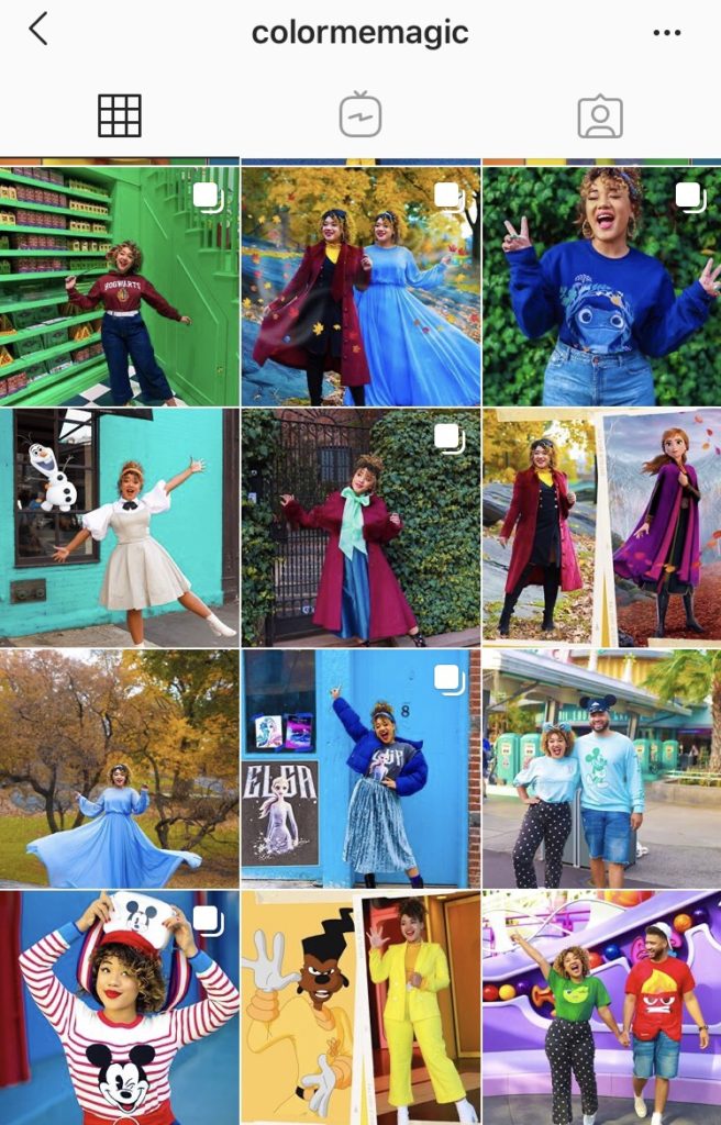 color me magic instagram feed with disney bound outfits and lots of bright colors