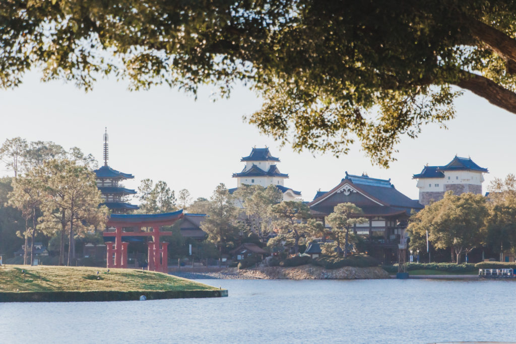View of Japan and world showcase across lake at Epcot Disney World Orlando Florida