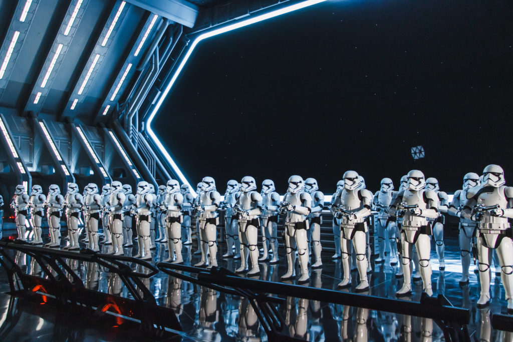 stormtroopers lined up in spaceship star destroyer on rise of the resistance Star Wars galaxy's edge Disney World Hollywood Studios Orlando Florida