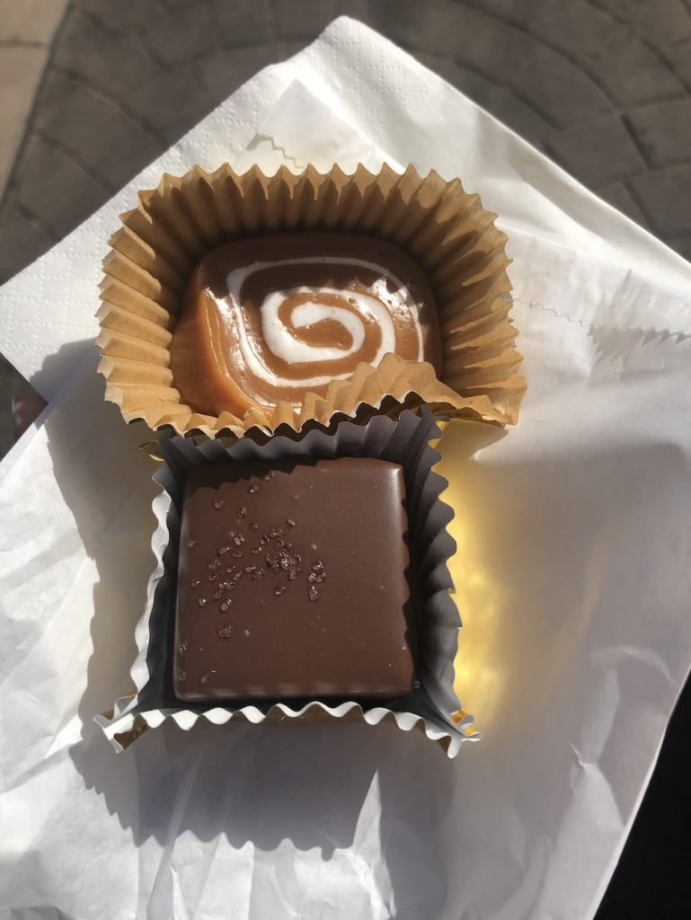 German caramel candies with chocolate and marshmallow swirl on napkin from karamell kuche caramel shop in Epcot world showcase