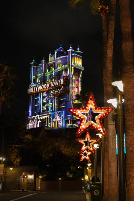 5 Must-do's in Disney's Hollywood Studios - Tower of Terror at night decorated for 50th anniversary