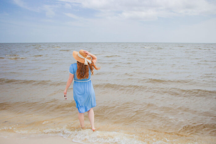 Day Trip to Long Beach, Mississippi - Sunhat and blue dress