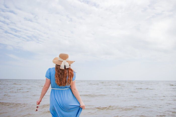 Day Trip to Long Beach, Mississippi - Sunhat and blue dress