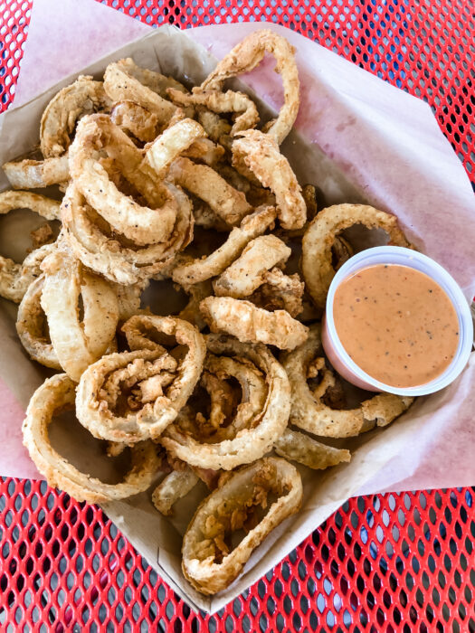 Day Trip to Long Beach, Mississippi - Family Size Onion Rings with Comeback sauce at Ed's Burger Joint in Hattiesburg Mississippi
