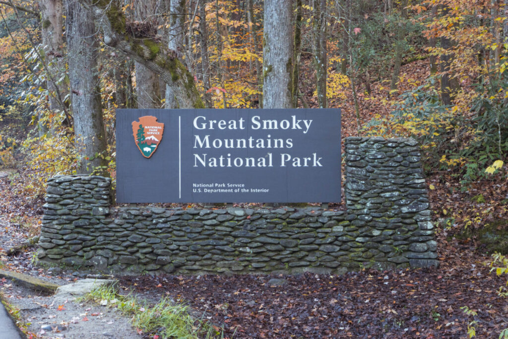 Great Smoky Mountain National Park sign at entrance in fall