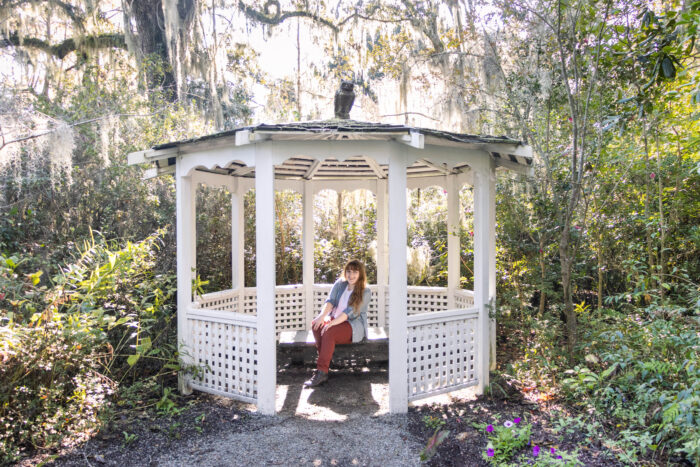 Exploring Historic Magnolia Plantation and Gardens in Charleston, South Carolina - sitting under a white gazebo