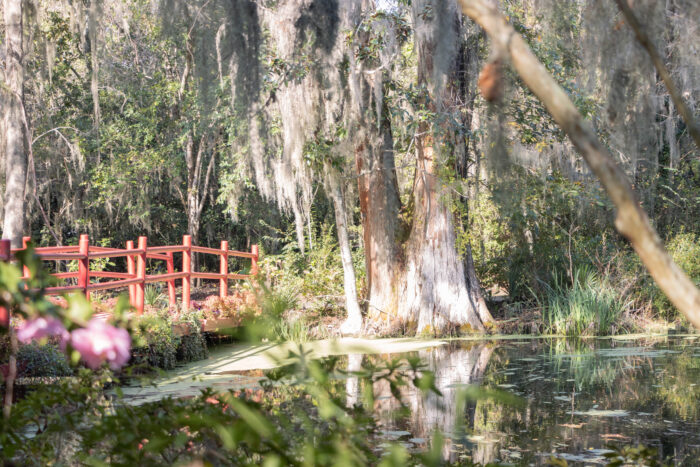 Exploring Historic Magnolia Plantation and Gardens in Charleston, South Carolina - Red bridge over the pond