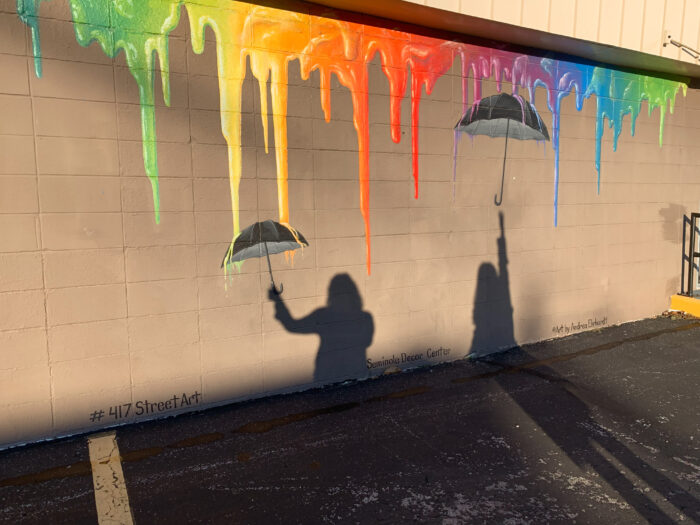Murals in Springfield Missouri - Rainbow Paint Umbrellas Street Art with shadows