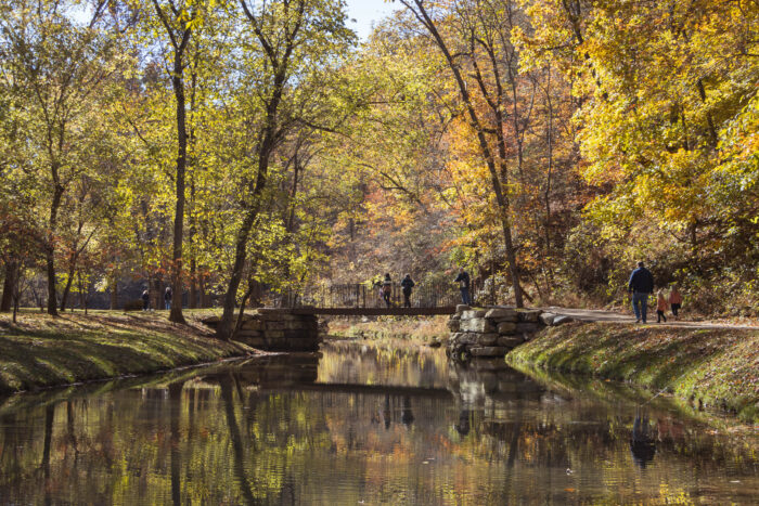 Dogwood Canyon Missouri, fall foliage reflecting in the water